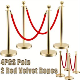 4PCS Premium Stainless Steel Stanchion Posts with 2 Red Velvet Ropes - Adjustable Crowd Control Barriers with Weighted Bases for Events, Weddings
