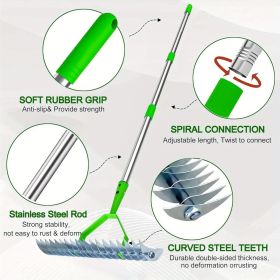 Thatch Rake, 12.8 Inch Wide Dethatcher Rake for Cleaning Dead Grass, Efficient Steel Metal Lawn Grass Rake with Stainless Steel Handle (Green: 1 PC)