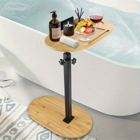 Bamboo Bathtub Tray Table Bath Side Table with Metal Base Adjustable Height (Brown: 1 PC)